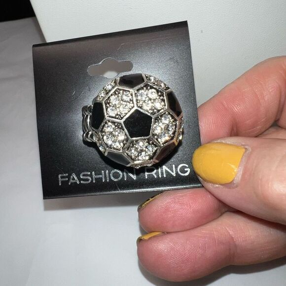 Silver Tone with Black Enamel and Crystals Cocktail Ring with Stretch Band - Picture 1 of 6